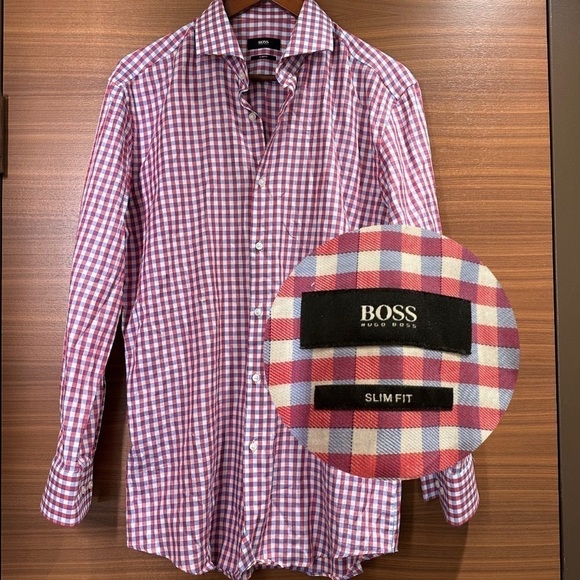 Hugo Boss Slim Fit Jason Shirt Gingham Red White Blue Men 16 Long Sleeve Button - Picture 1 of 13